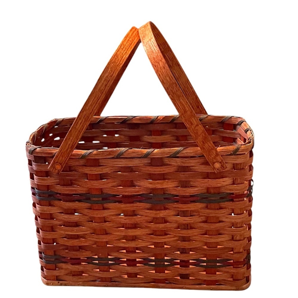 NEW Large Hand Crafted Reddish Brown Amish Wood Slat Basket, Bent Wood Handle